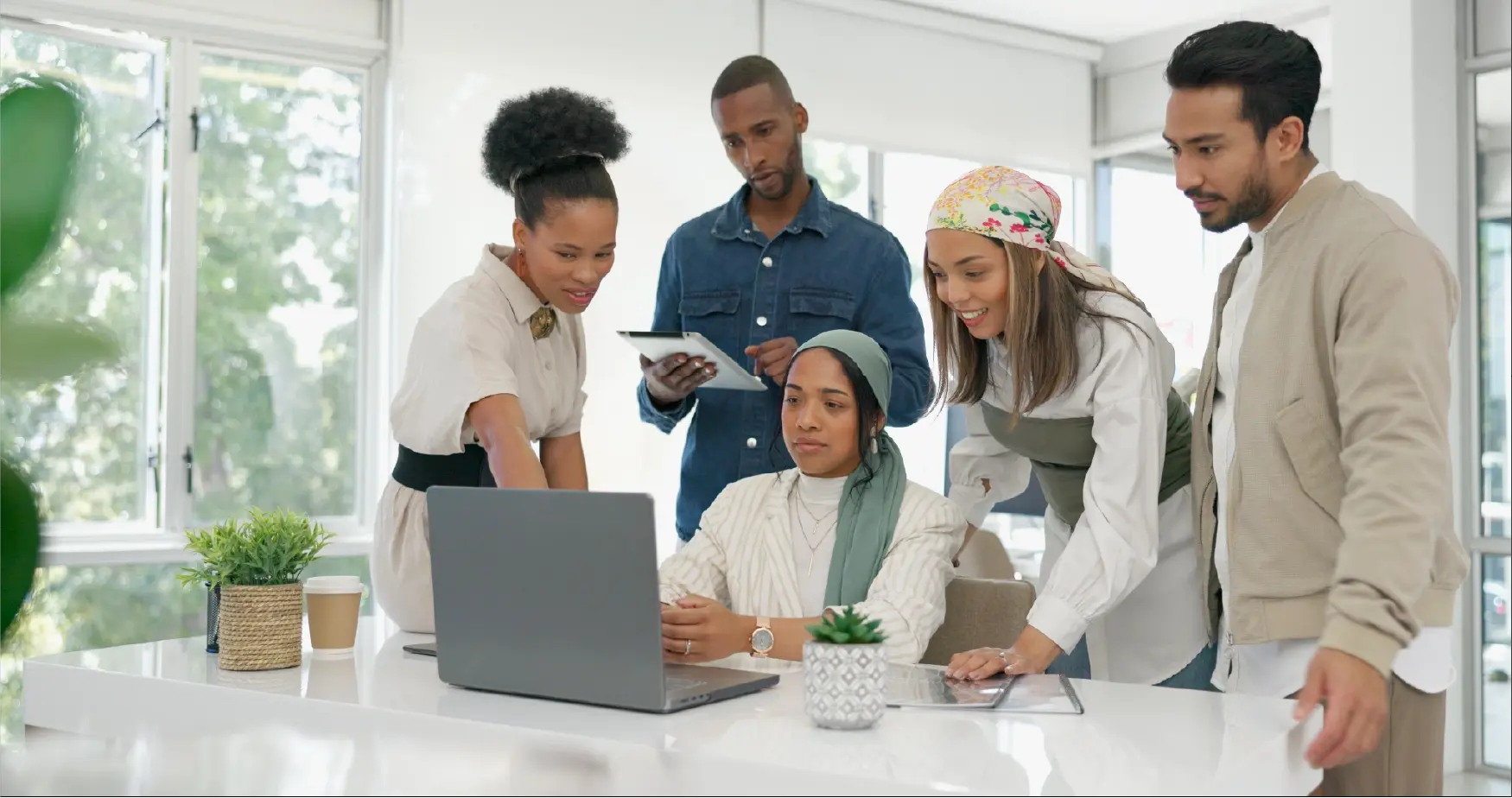A diverse team of professionals collaborating modern workspace