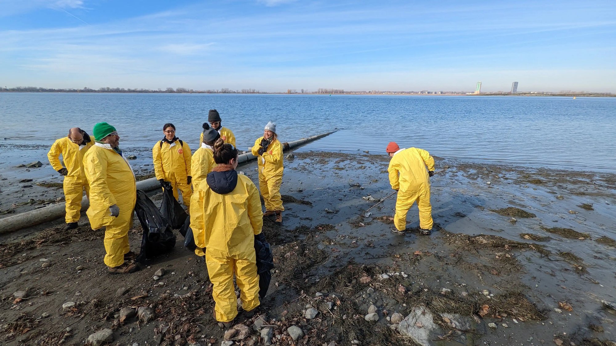 a group of people in yellow wetsuits cleaning the beach